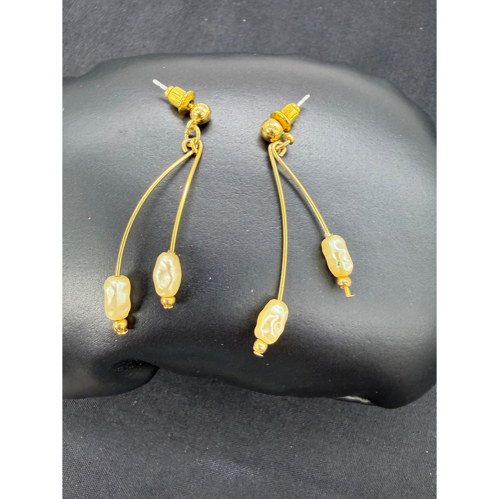 Vintage Gold Tone Double Dangle Faux Baroque Pearl Drop Earrings Cream 2 Inch
